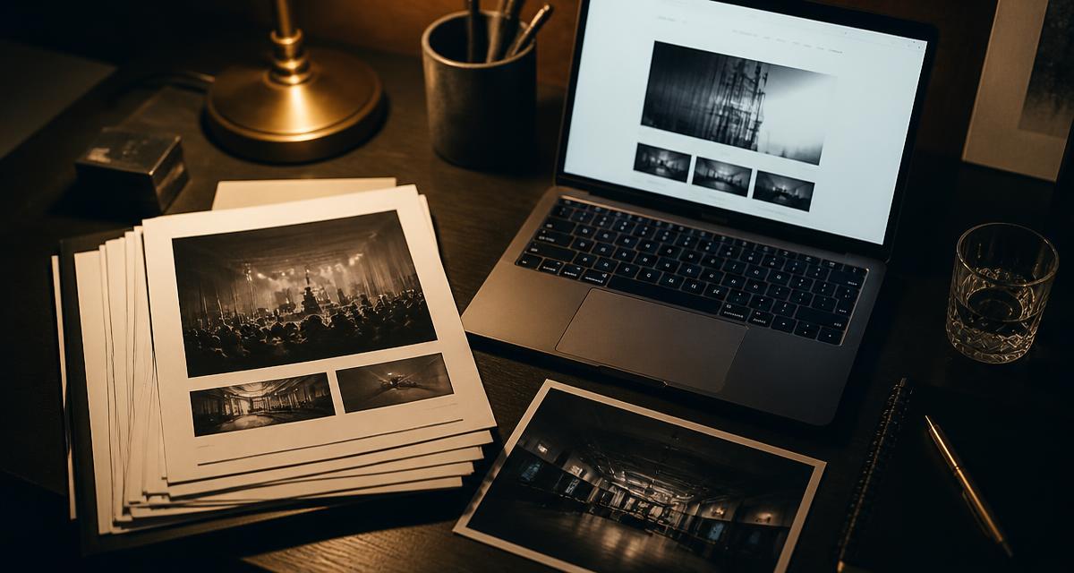 A stack of printed press kits beside a laptop showing an artist page on a venue manager's desk
