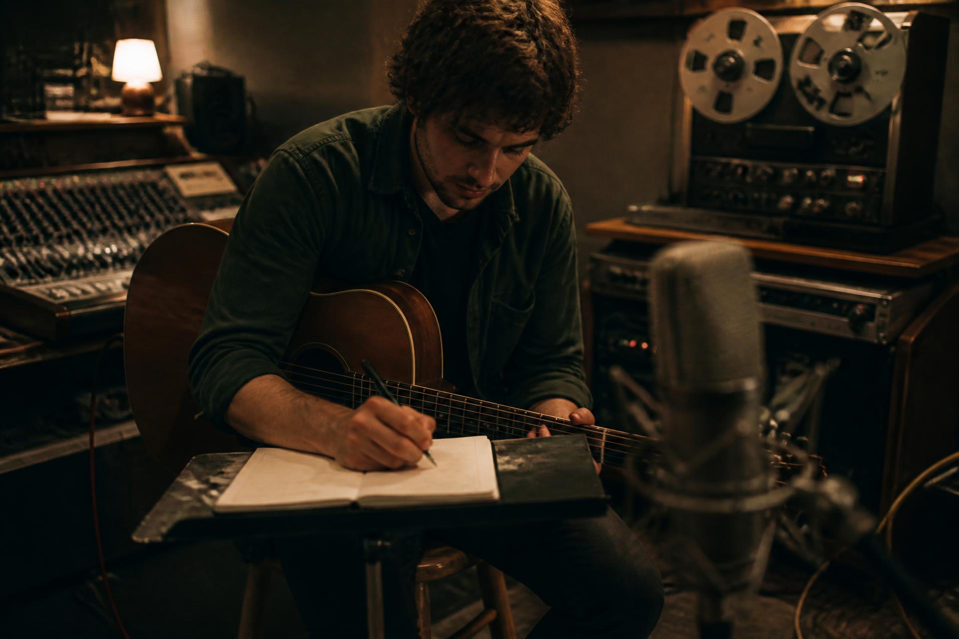 Independent artist writing songs in a small recording studio